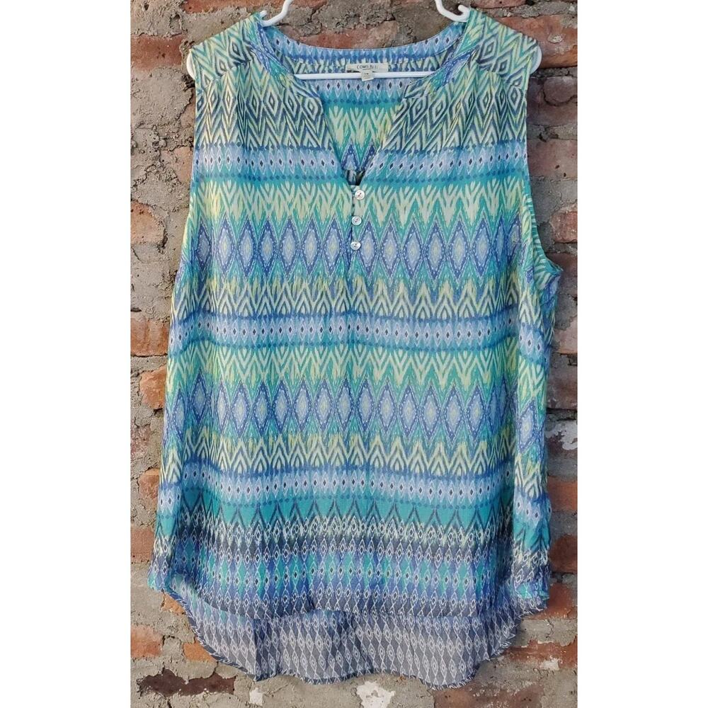 Como Blu Womens Plus Size 1X Sleeveless Tunic Top Geometric Print Blouse Blue